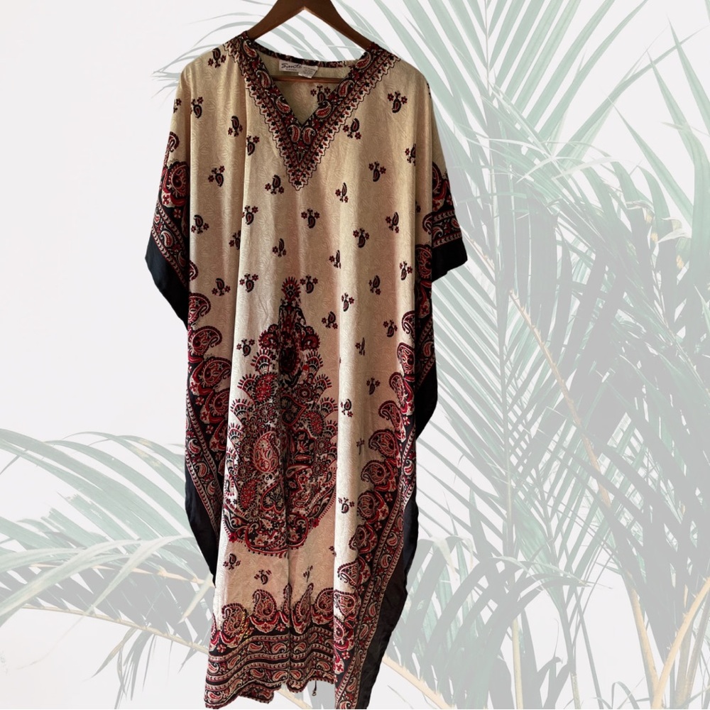 Vintage boho kaftan cream, red, black accents